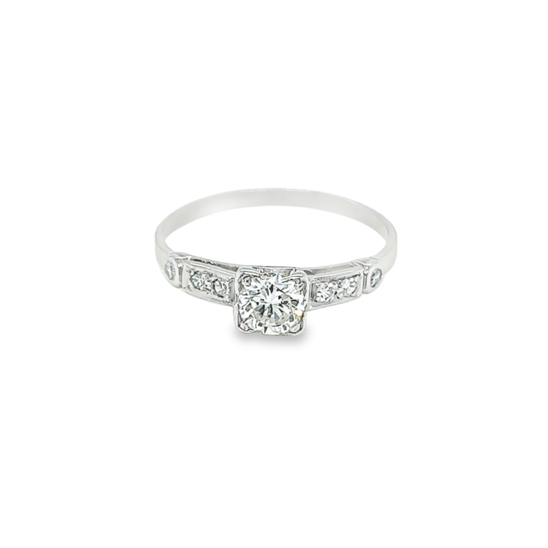 Platinum  engagement ring with one 0.33ct Round Brilliant G SI1 Diamond &  6=0.10tw Single Cut Diamonds
