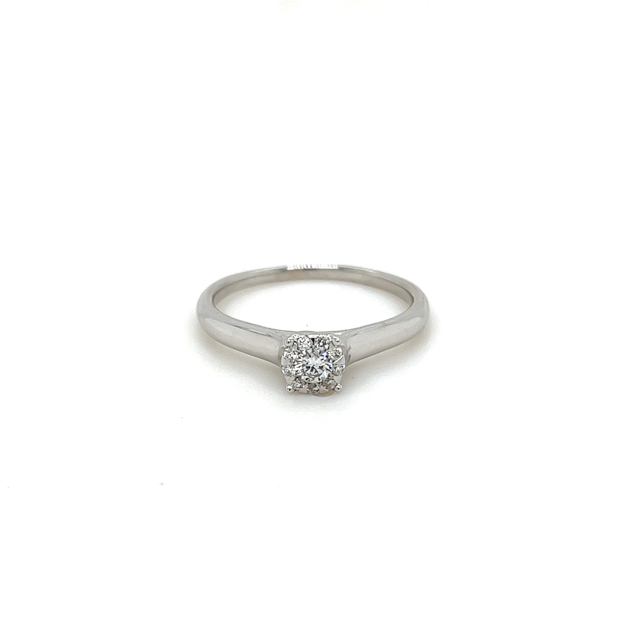 14 Karat white gold ring with10=0.25tw Round Brilliant G SI Diamonds in a round cluster.