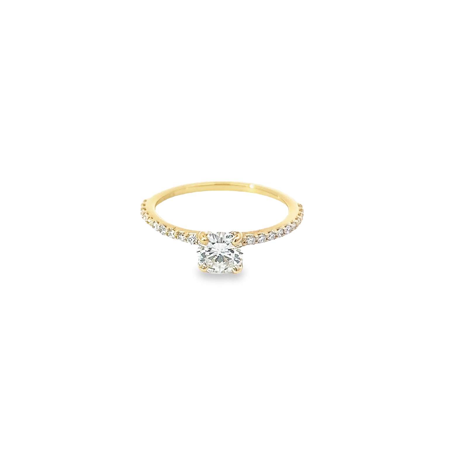 14 Karat yellow gold engagement ring with One 0.62ct round brilliant H VS2 Diamond and   22=0.33 total weight round brilliant G VS Diamonds. Size 7