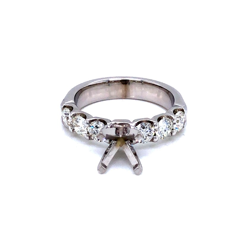 14 Karat white gold semi mount engagement ring Size 6.5 with 6=1.08Tw round brilliant G VS Diamonds