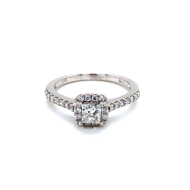 Ladies 14 Karat White Gold Halo Engagement Ring With One 0.37CT Princess J VS Diamond And 30=0.33TW Round Brilliant G SI Diamonds