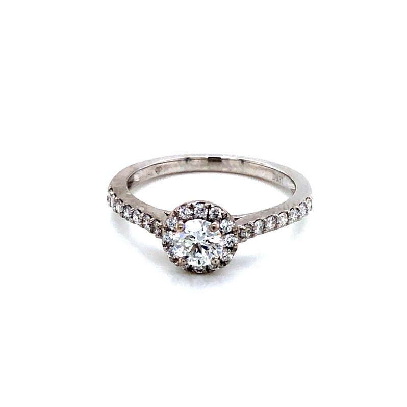 14 Karat white gold engagement ring with One 0.40Ct round brilliant H SI2 Diamond and 26=0.31 total weight round brilliant G SI Diamonds. Size 6.5