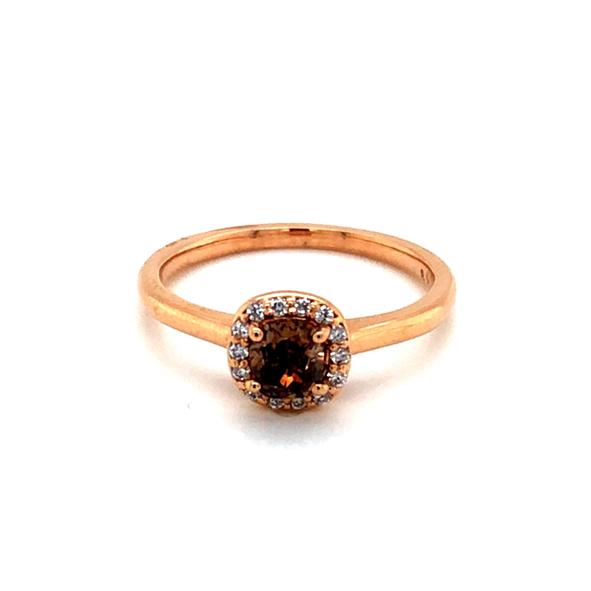 14 Karat rose gold engagement ring Size 7.5 with One 0.49Ct cushion Vs1 Chocolate Diamond and 14=0.10Tw Round Brilliant G Vs Diamonds