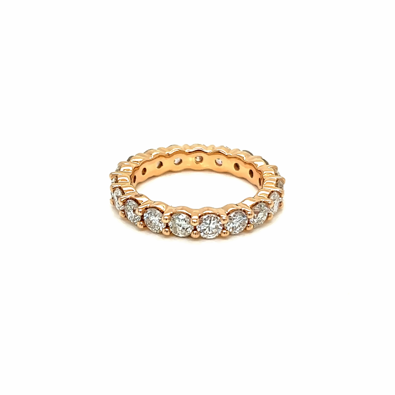 14 Karat rose gold eternity wedding band with 19= Round Brilliant G I Diamonds