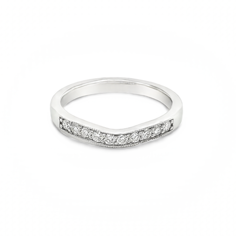 14 Karat white gold curved wedding band with 10=0.21Tw Round Brilliant G Vs Diamonds