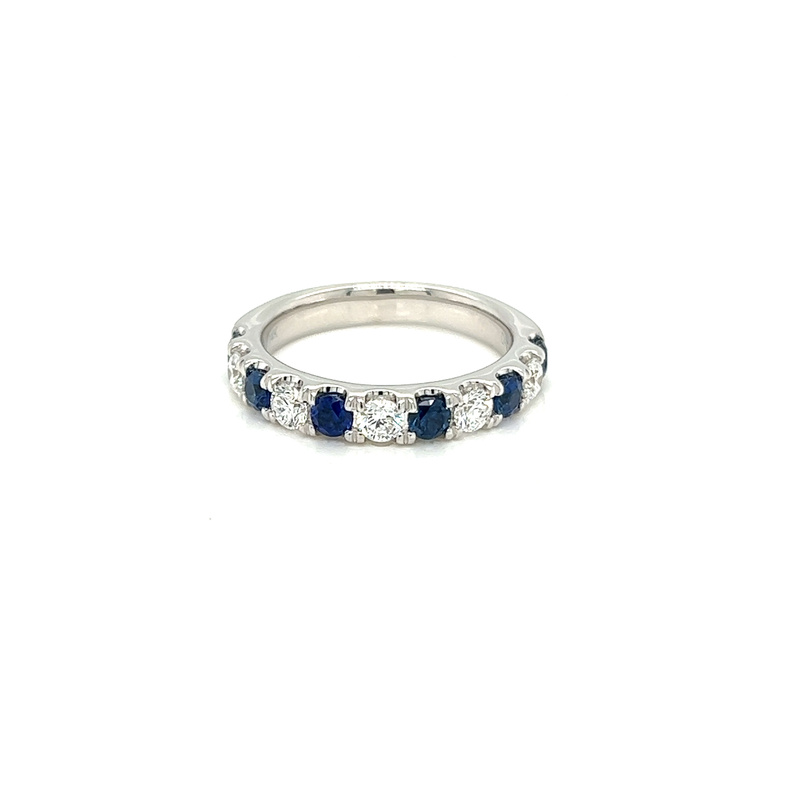 14 Karat white gold Wedding Band Size 6.5 with 5=0.57tw Round Brilliant G VS Diamonds and  6=0.84tw Round Sapphires