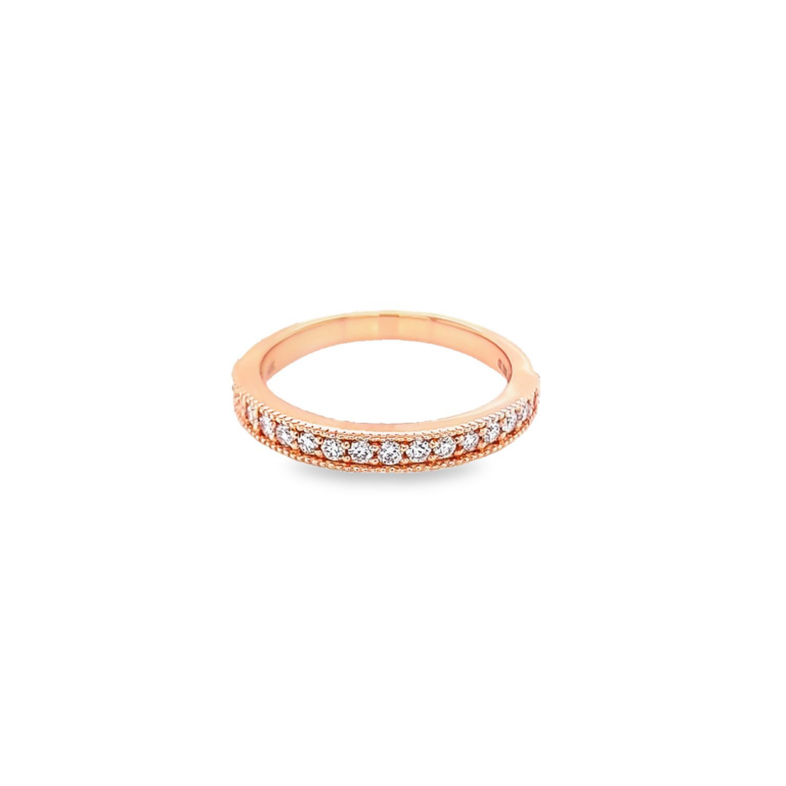 14 Karat rose gold wedding band with milgrain Size 6.5 with 16=0.30 total weight round brilliant G VS Diamonds