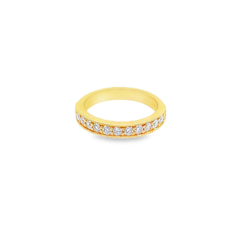 14 Karat yellow gold wedding band Size 6.5 with 13=0.55 total weight round brilliant G VS Diamonds