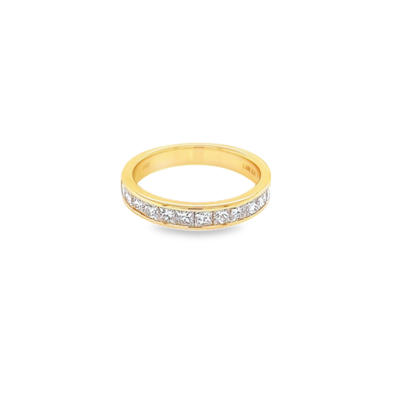 14 Karat yellow gold channel set wedding band Size 6.5 with 13=1.00 total weight princess G VS Diamonds