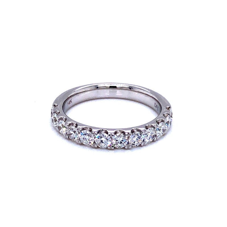 14 Karat white gold wedding band with 12=1.00TW Round Brilliant G VS Diamonds.