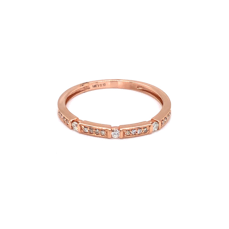 14 karat rose gold stackable wedding band with 19=0.10tw round brilliant G VS Diamonds. Size 7