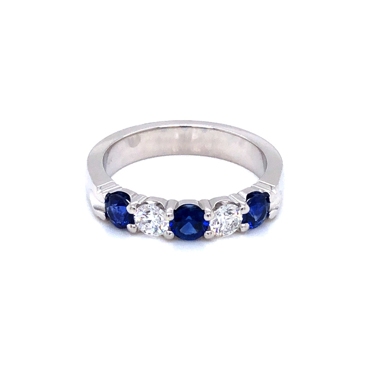 14 Karat white gold color wedding band Size with 2=0.35 total weight round brilliant G VS Diamonds and 3=0.65 total weight round mixed cut Sapphires. Size 6.5