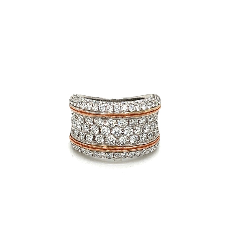 14 Karat whote gold wedding band with rose gold trim set with 117=2.20 total weight round brilliant G VS Diamonds