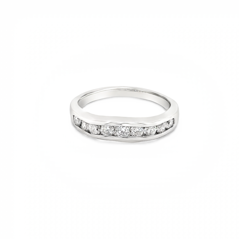 14 Karat white gold curved wedding band with 9=0.50tw channel set round brilliant G SI Diamonds