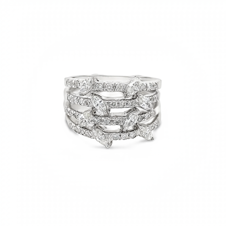 14 Karat whote gold statement wedding band with 44=1.00 total weight round brilliant and marquise cut Diamonds