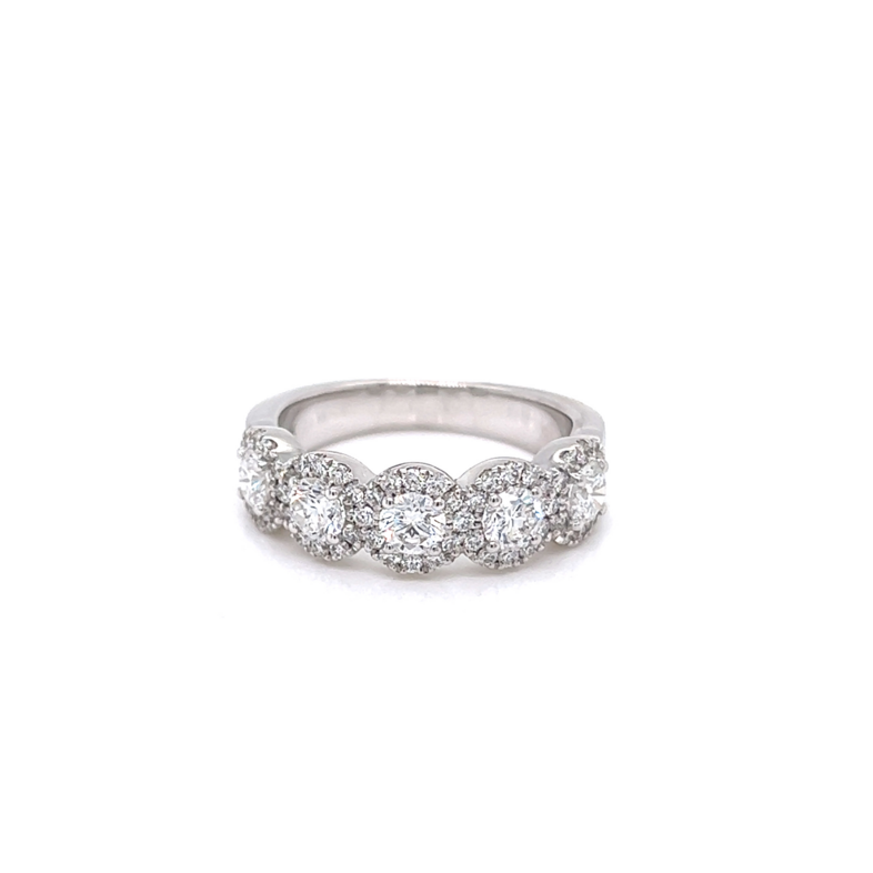 14 Karat white gold wedding band with 65=1.50tw Round Brilliant G VS Diamonds