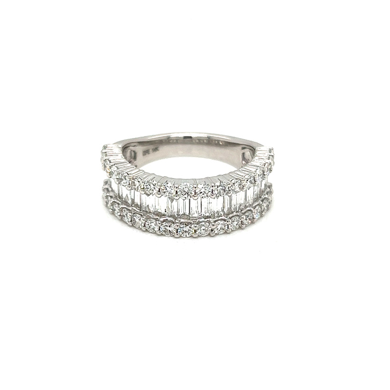14 Karat white gold wedding band with 55 emerald cut and round brilliant diamonds with  G color and VS clarity