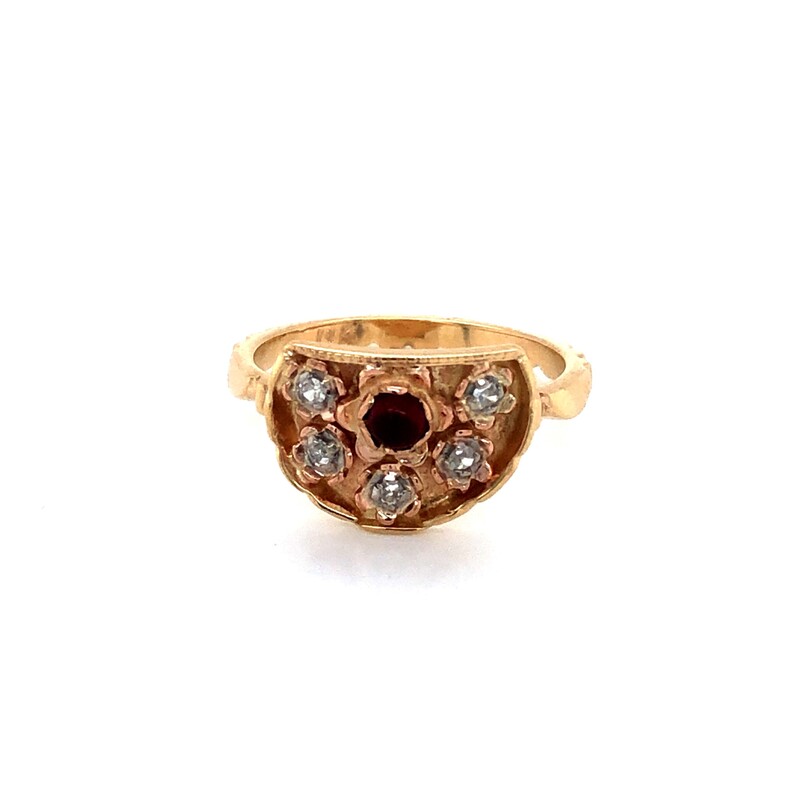 Lady s Yellow 14 Karat Ring With One 3.00MM Cabochon Garnet And 5=0.05TW Single Cut G VS Diamonds