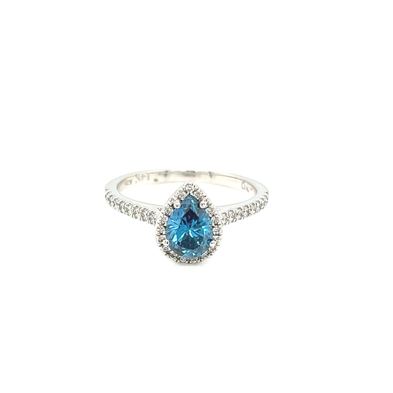 14 Karat white gold ring  with one 0.70ct Pear Blue Irradiated Diamond and  37=0.29tw Round Brilliant G SI Diamonds