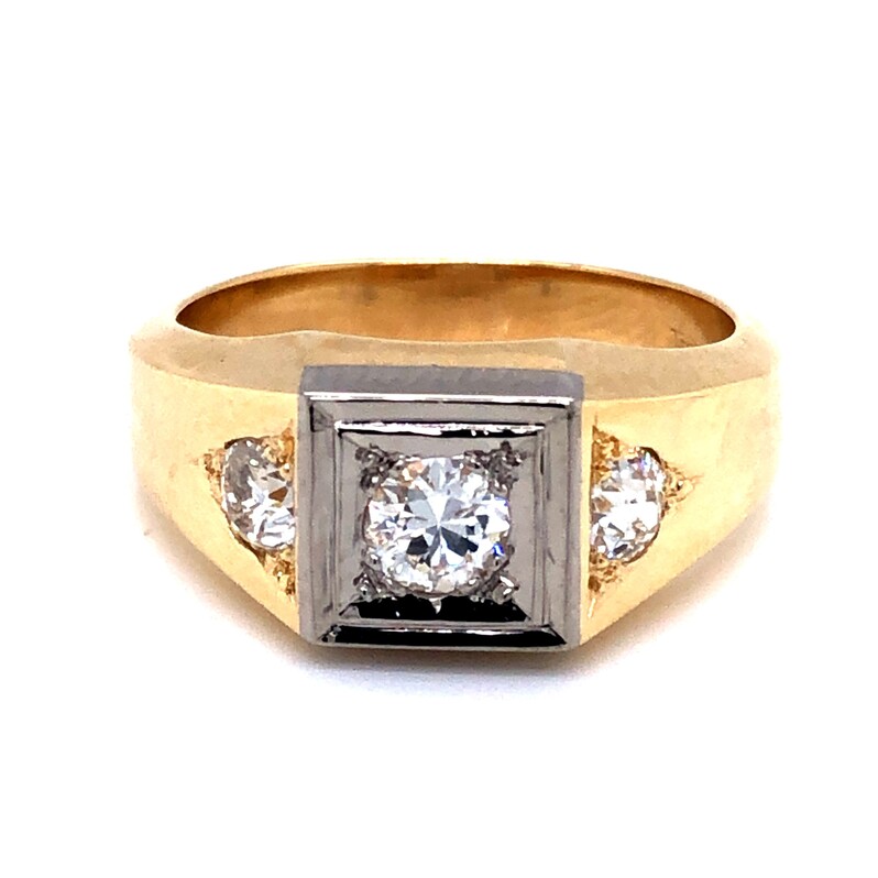 Gents Yellow 14 Karat Ring With One 0.50Ct Round Brilliant G VS1 Diamond And 2=0.75Tw Old European Cut G SI Diamonds