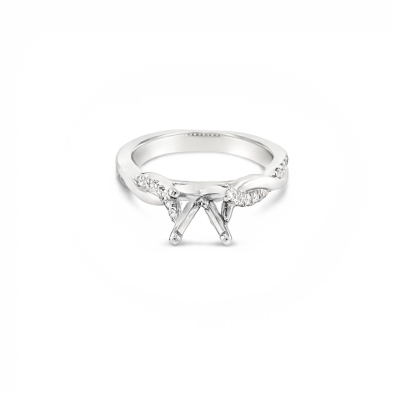 14 Karat white gold semi mount engagement ring with 20=0.15TW Round Brilliant G VS Diamonds.