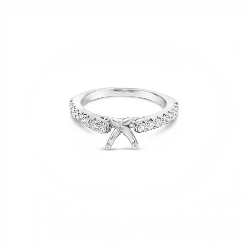 14 Karat white gold semi mount engagement ring with 16=0.31tw Round Brilliant G VS Diamonds