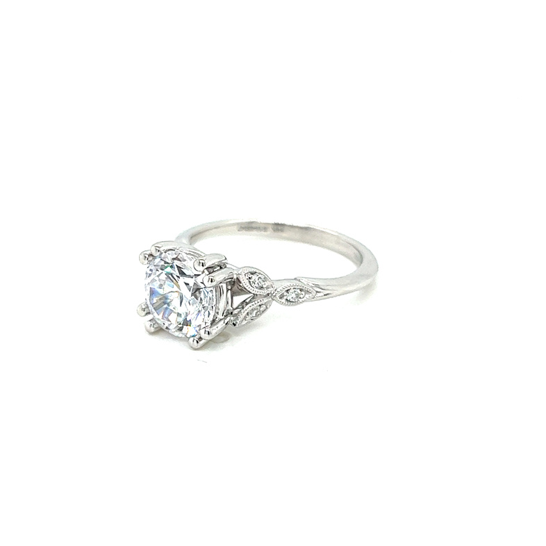 14 Karat white gold vintage inspired semi mount ring Size 6.5 with 6=0.07 total weight round brilliant G VS Diamonds