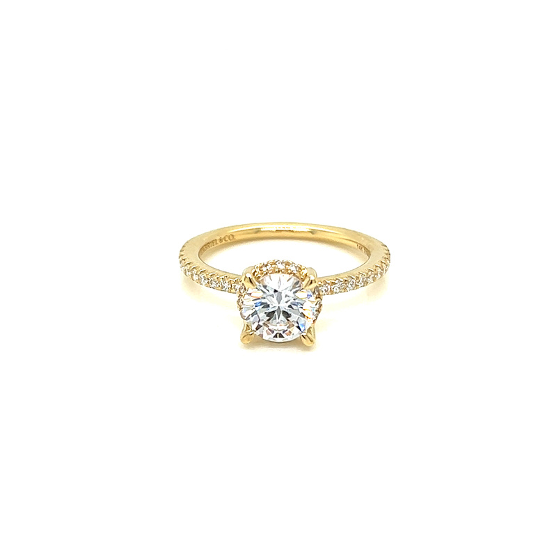 14 Karat yellow gold halo semi mount engagement ring with 36=0.27 total weight round brilliant G VS Diamonds
