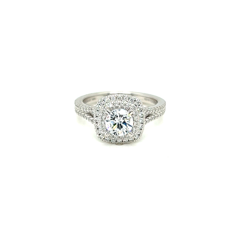 14 Karat white gold double halo semi mount engagement ring Size 6.5 with 92=0.41 total weight round brilliant G VS Diamonds