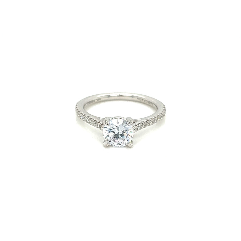 14 Karat white gold semi mount engagement ring Size 6.5 with 24=0.21total weight round brilliant G VS Diamonds