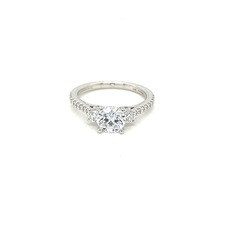 14 Karat white gold semi-mount engagement ring with 36=0.48tw Round Brilliant G VS Diamonds
