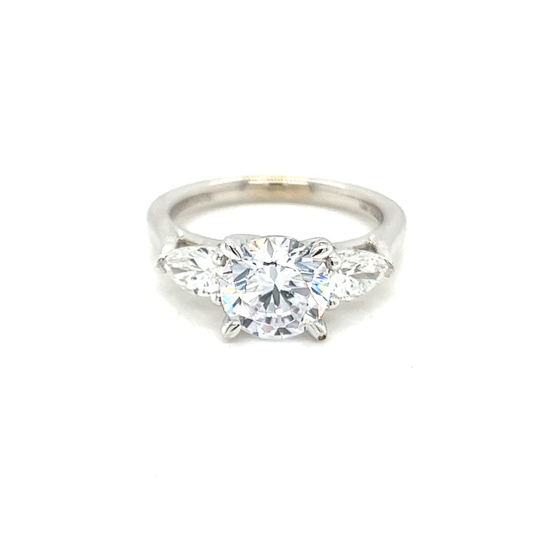 White 14 Karat 3 Stone Semi Mount Engagement Ring Size 6.5 With 2=0.62Tw Pear G VS Diamonds