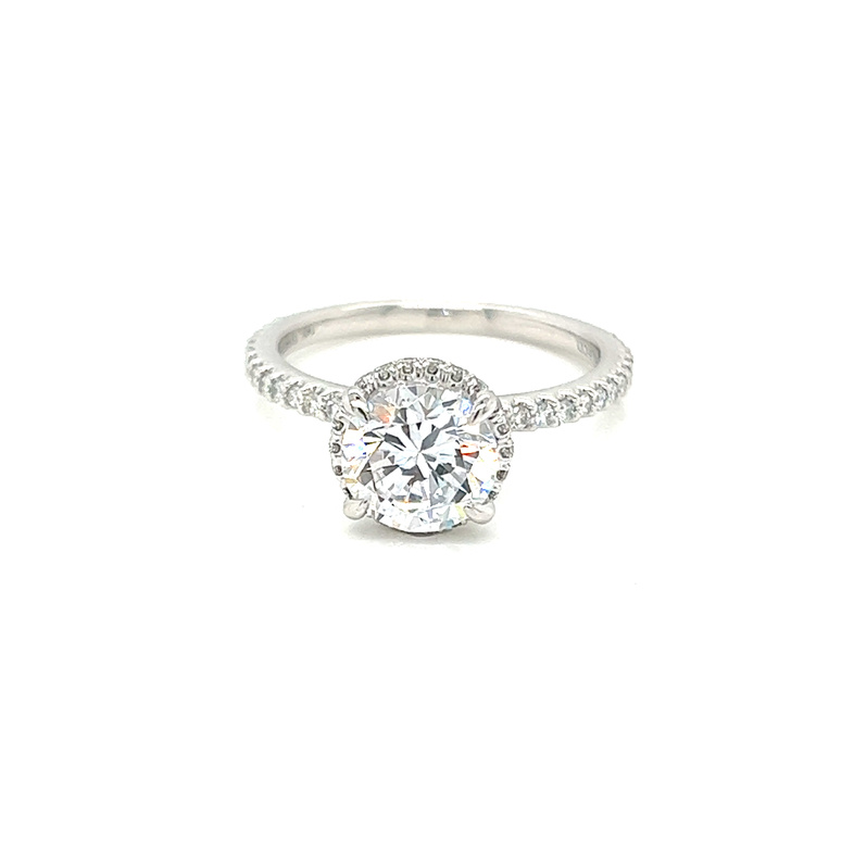 White 14 Karat semi mount engagement ring with a Halo With 0.39Tw Round Brilliant G VS Diamonds   Ring Size 6.5