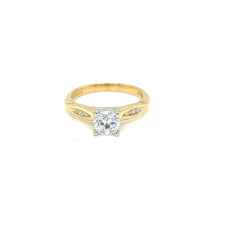 14 Karat yellow gold  semi mount engagement ring Size 6.5 with 6=0.10 total weight round brilliant G VS Diamonds