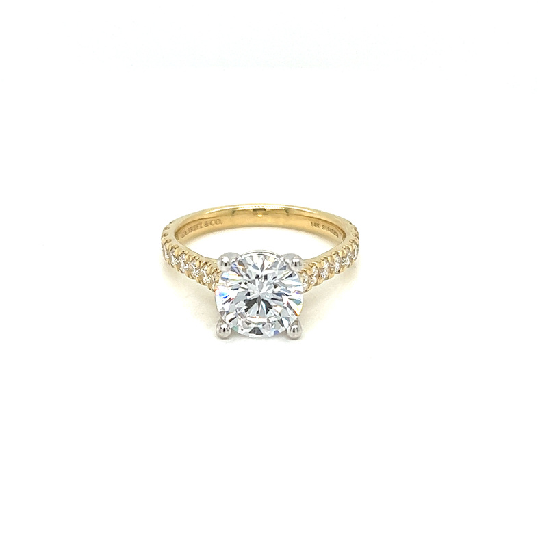 14 Karat yellow gold semi mount engagement ring Size 6.5 with 18=0.52 total weight round brilliant G VS Diamonds
