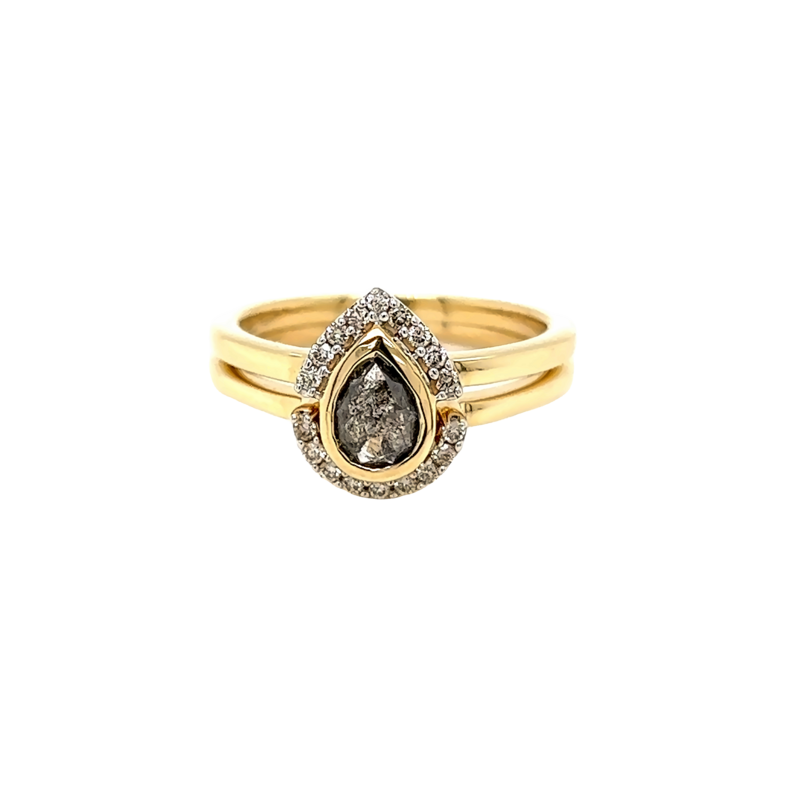 14K Yellow Gold Engagement Ring with .72ct Salt and Pepper Pear Diamond in Bezel Setting with 9=.16ct with matching band