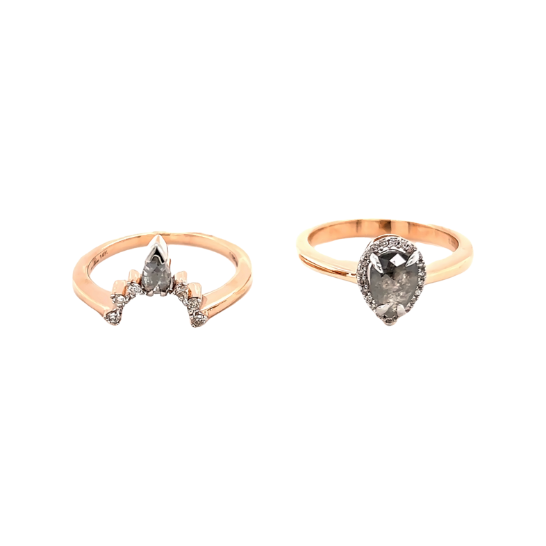 14 Karat rose gold Halo Solitaire Wedding Set With One 0.97Ct Pear salt and pepper Diamond And 28=0.15Tw Various Shapes Diamonds