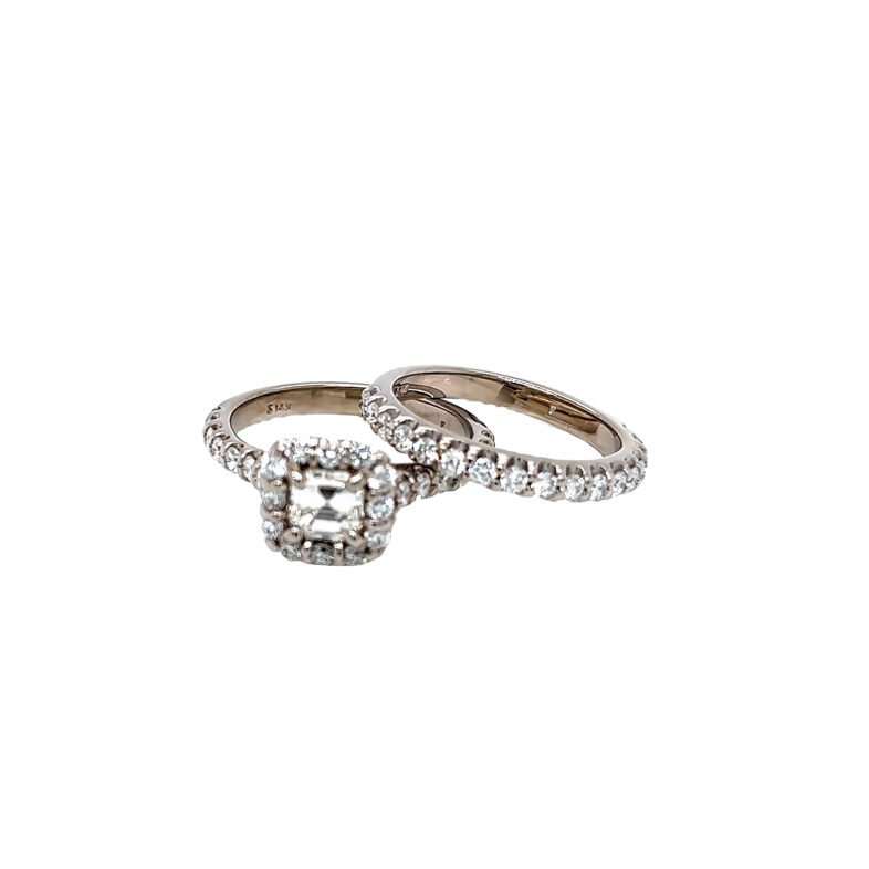 14 Karat white gold wedding set with One .70  J VS2 Asscher Diamond And 42=.1.00 G VS Round Brilliant diamonds