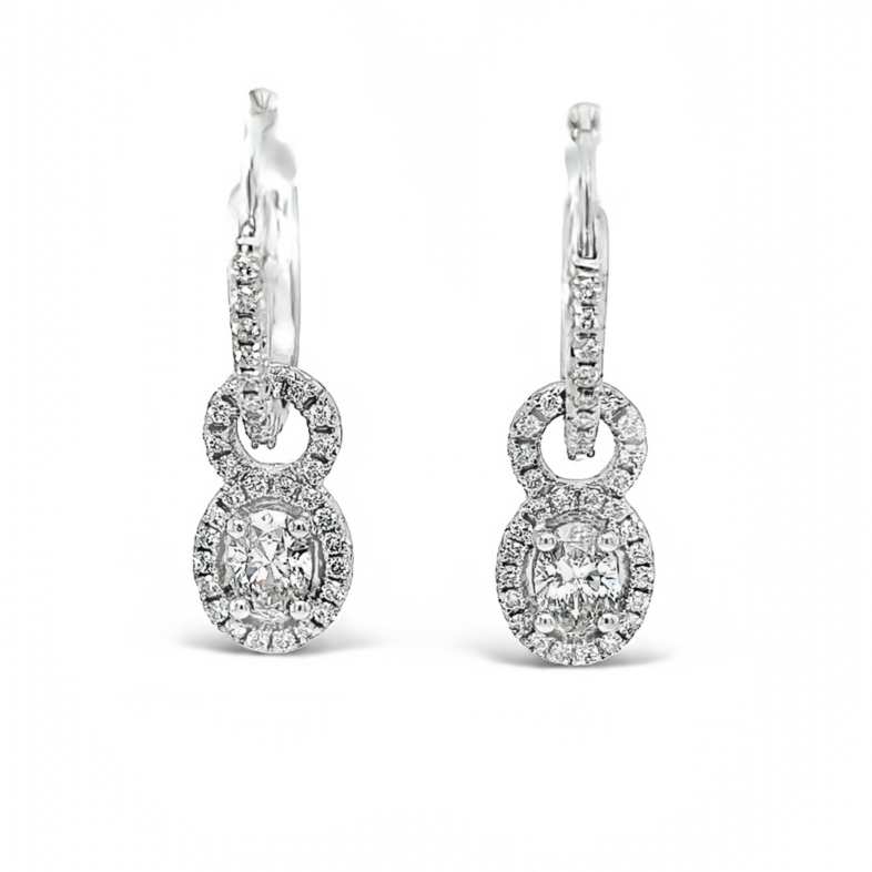 White 14 Karat Diamond Dangle Earrings With 2=1.16Tw Oval G I1 Diamonds And 72=0.66Tw Round Brilliant G SI Diamonds