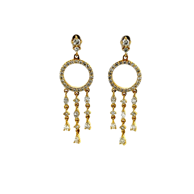 Yellow 14 Karat Dangle Earrings with 6=0.25tw Marquise G SI Diamonds  6=0.42tw Pear G SI Diamonds and  58=0.58tw Round Brilliant G SI Diamonds