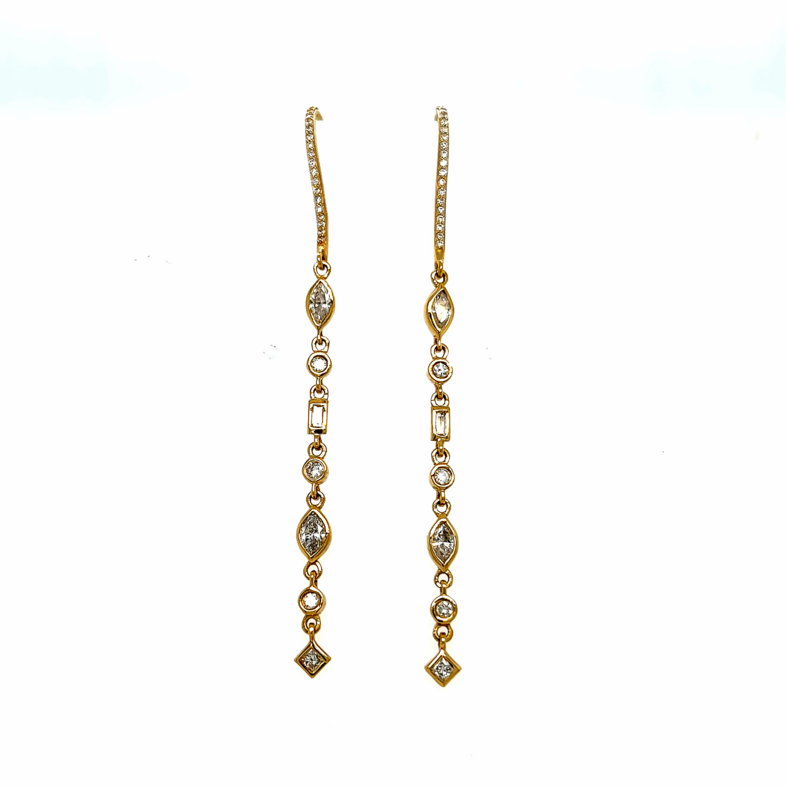 Yellow 14 Karat Dangle Earrings with 8=0.65tw Various Shapes G SI Diamonds and   44=0.35tw Round Brilliant G VS Diamonds