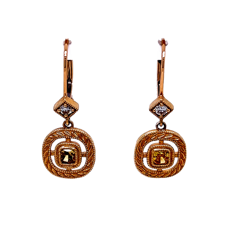 Yellow 14 Karat Dangle Earrings 2=0.37tw Cushion Natural Fancy Diamonds  2=0.08tw Round Brilliant G VS Diamonds