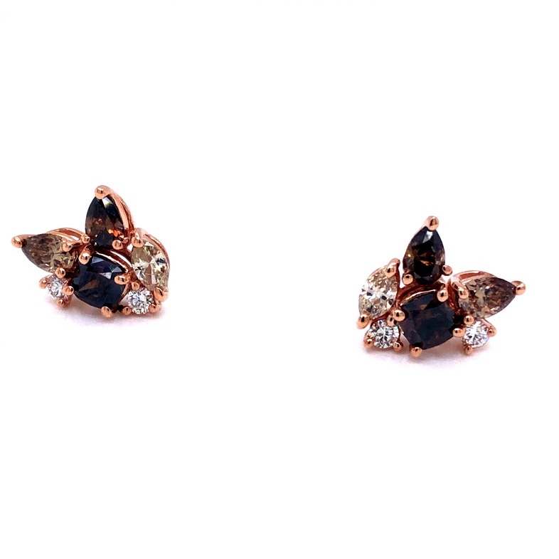 14 Karat rose gold Choroclate Diamond Cluster Studs With 12=1.80Tw Chocolate Diamonds and G VS White  Diamonds