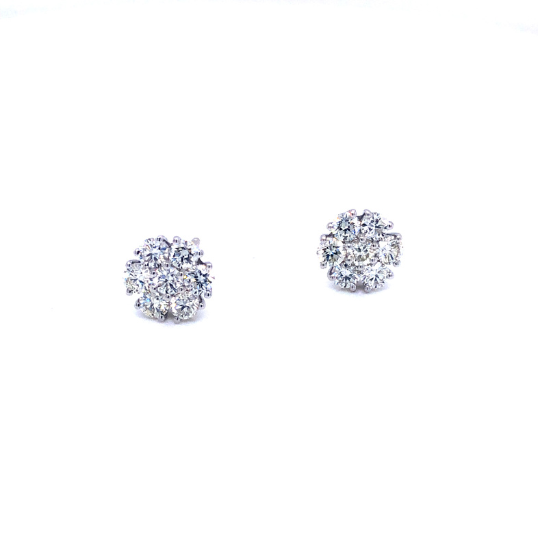 14 Karat white gold cluster stud earrings with 14=1.05 total weight round brilliant I VS Diamonds