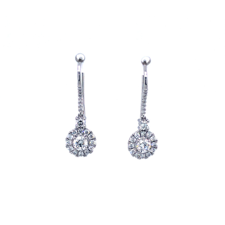 White 14 Karat Cluster Dangle Earrings With 2=0.52Tw Round Brilliant G Vs Diamonds And 40=0.52Tw Round Brilliant G Vs Diamonds