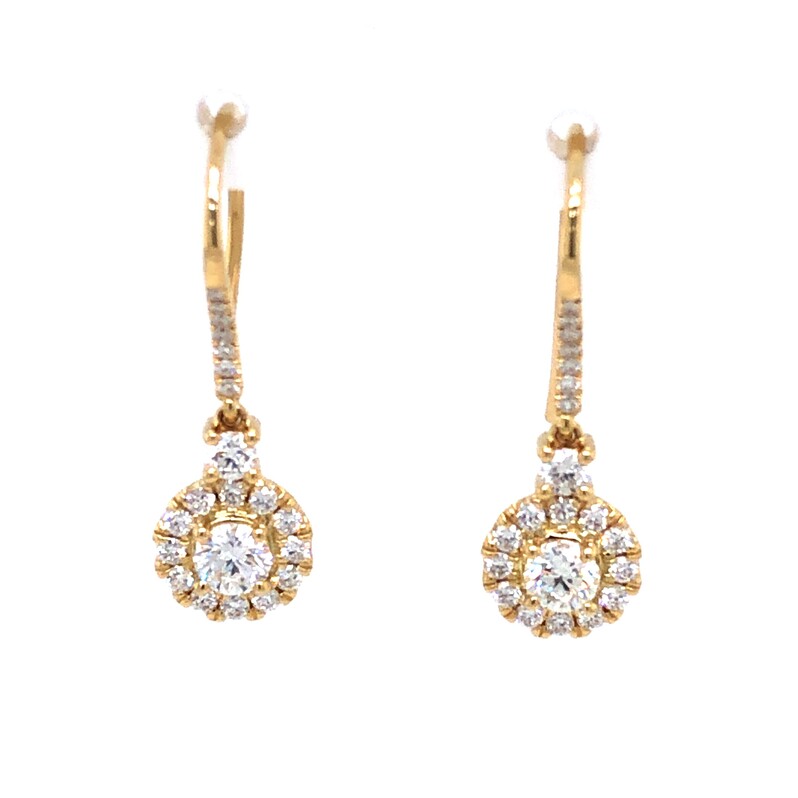 14 karat yellow gold halo dangle earrings with 2=0.52 total weight round brilliant G VS Diamonds and 40=0.52 total weight round brilliant G VS Diamonds