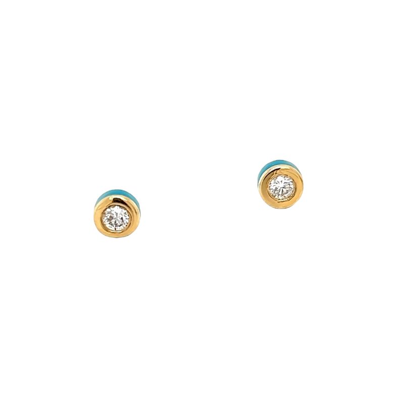 Yellow 14 Karat Diamond Stud Earrings with Turquoise Enamel With 6=0.06Tw Round G Vs Diamonds