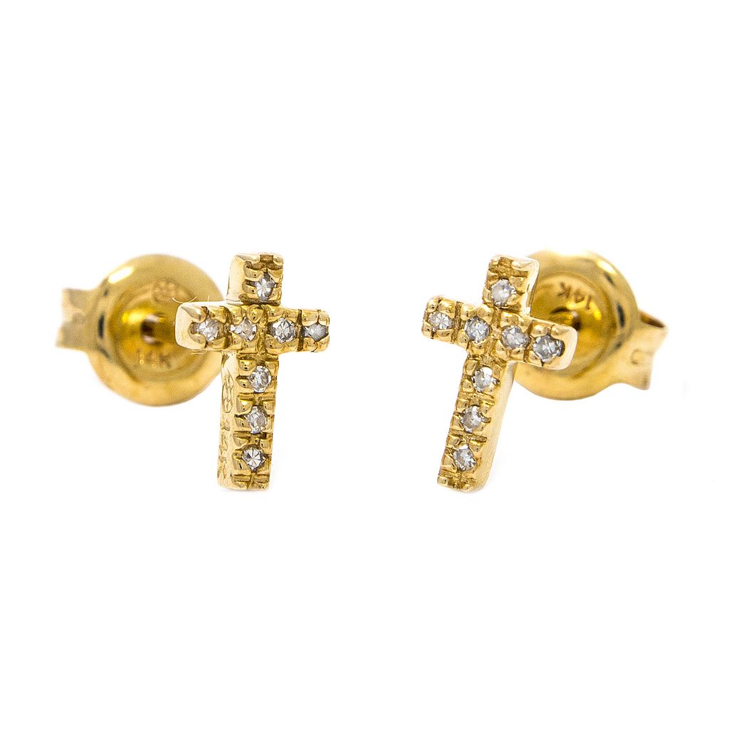 Yellow 14 Karat Diamond Cross Stud Earrings with 16=0.05tw Round Brilliant G VS Diamonds