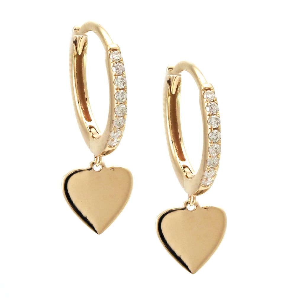 Yellow 14 Karat Small Hoop with Heart Dangle Earrings   16=0.09tw Round Brilliant G VS Diamonds