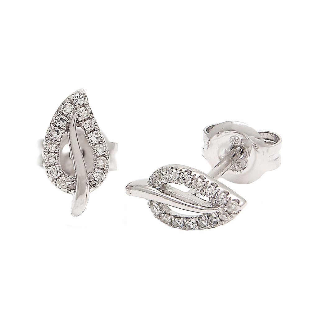 White 14 Karat Leaf Stud Earrings with 26=0.09tw Round Brilliant G I Diamonds